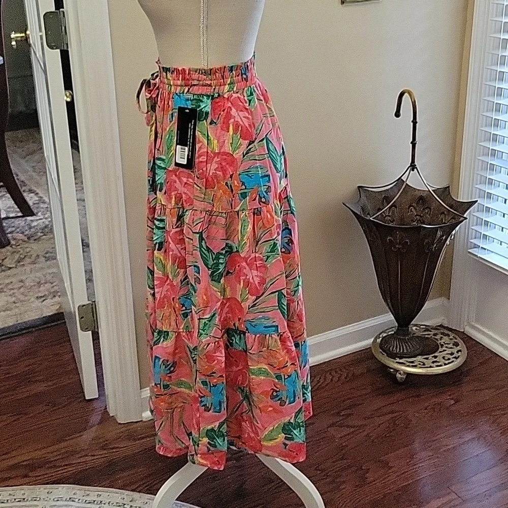 Dress Forum palm leaves floral tiered midi skirt shades of pink green Small NEW…